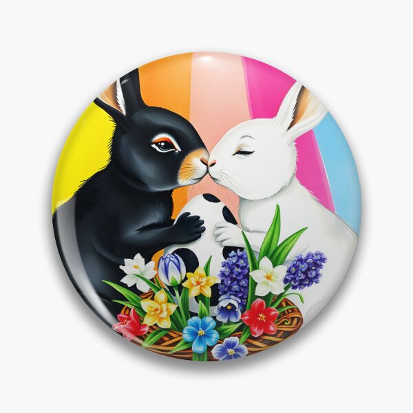 Item preview, A black and a white Bunny kissing over a spotty big easter egg and spring florals basket in front of a rainbow striped backdrop designed and sold by EmeraldeaArt.