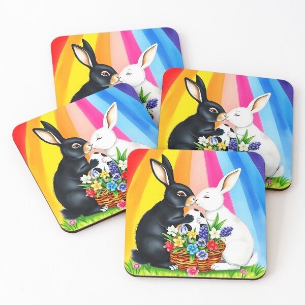 Item preview, A black and a white Bunny kissing over a spotty big easter egg and spring florals basket in front of a rainbow striped backdrop designed and sold by EmeraldeaArt.