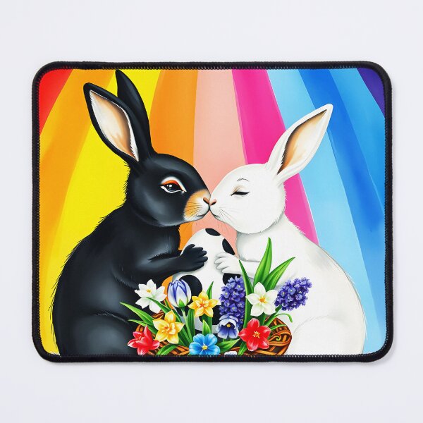 Item preview, A black and a white Bunny kissing over a spotty big easter egg and spring florals basket in front of a rainbow striped backdrop designed and sold by EmeraldeaArt.