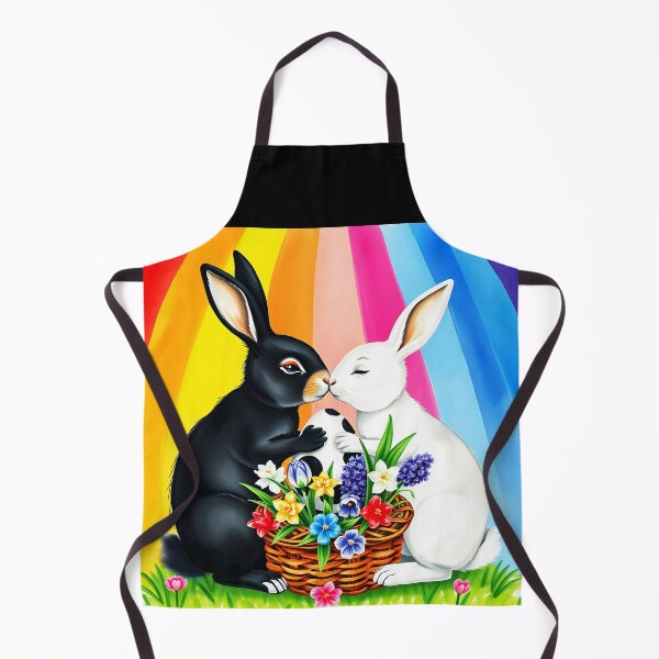 Item preview, A black and a white Bunny kissing over a spotty big easter egg and spring florals basket in front of a rainbow striped backdrop designed and sold by EmeraldeaArt.