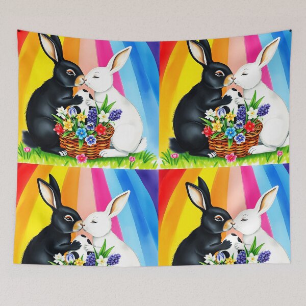 Item preview, A black and a white Bunny kissing over a spotty big easter egg and spring florals basket in front of a rainbow striped backdrop designed and sold by EmeraldeaArt.
