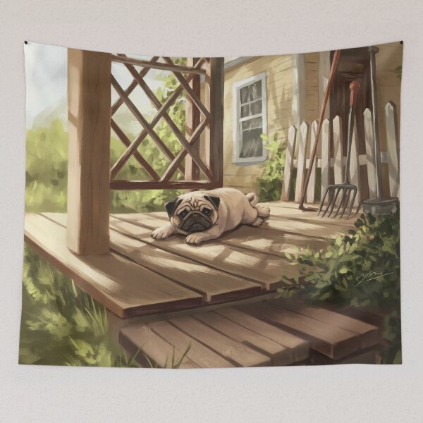 Item preview,   Serene Porch Setting with Pug Dog and Lush Greenery designed and sold by AnimalAirtistry.