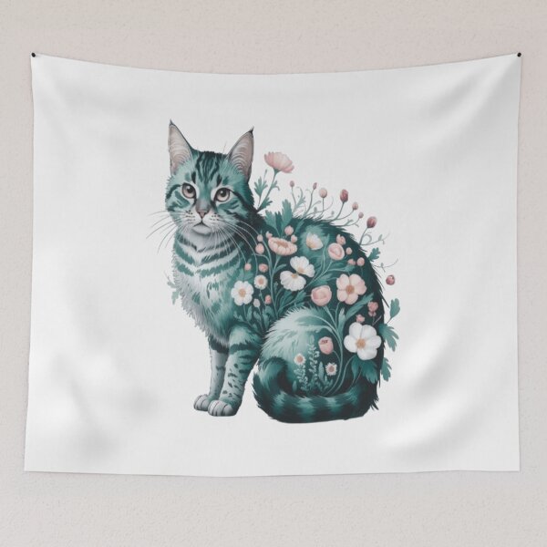 Item preview, Green Cat with Blooming Flowers – Nature-Inspired Art for Pet Lovers designed and sold by Petpixy.