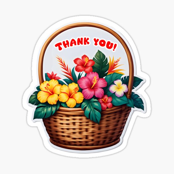 Aperçu de l'œuvre Autocollant de remerciement Ho'oponopono avec panier de fleurs hawaïennes créée et vendue par ArtemisEutopia.