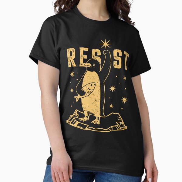 Vista previa del artículo con la obra «Divertida protesta contra los aranceles Resist Penguin», diseñado y vendido por Artifyo.