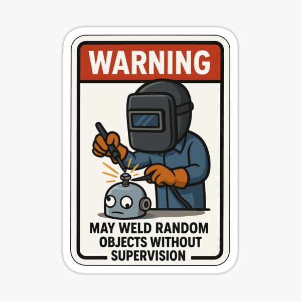 Item preview, Warning Sticker with Cartoon Welder & Robot Head designed and sold by Ruletattoo.