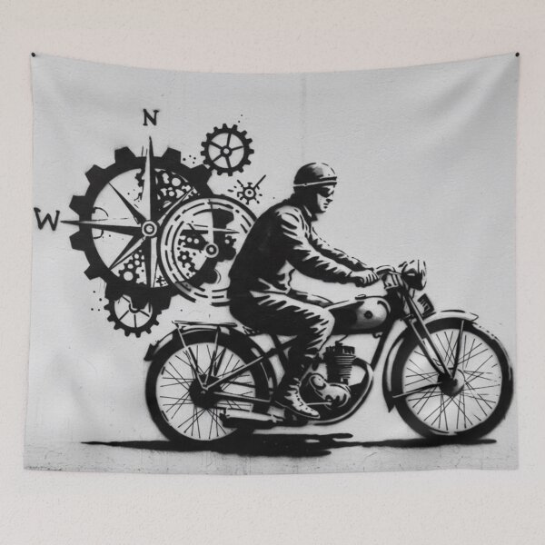 Item preview, Stencil graffiti of a motorcyclist riding toward a compass with gear-like edges on a white wall. designed and sold by Wiredart.