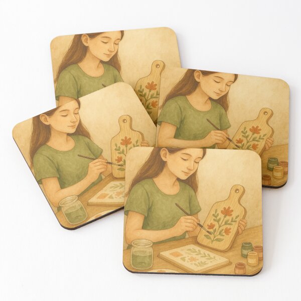 Item preview, Girl Painting Flowers on a Wooden Board — Cozy Watercolor Art designed and sold by Lacritsa .