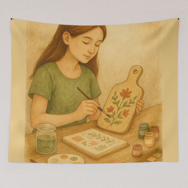 Item preview, Girl Painting Flowers on a Wooden Board — Cozy Watercolor Art designed and sold by Lacritsa .