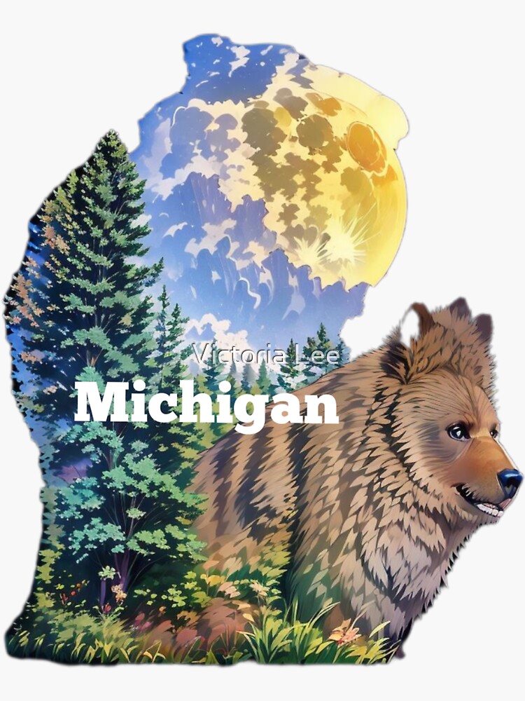 Thumbnail 3 of 3, Sticker, Michigan Bear in the forest designed and sold by Ladyinthemitten.