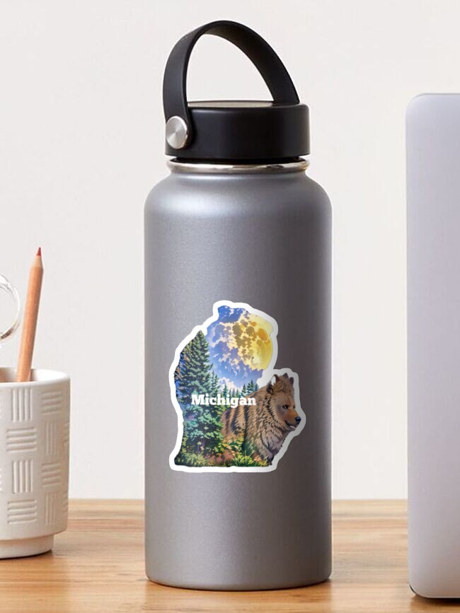 Thumbnail 1 of 3, Sticker, Michigan Bear in the forest designed and sold by Ladyinthemitten.