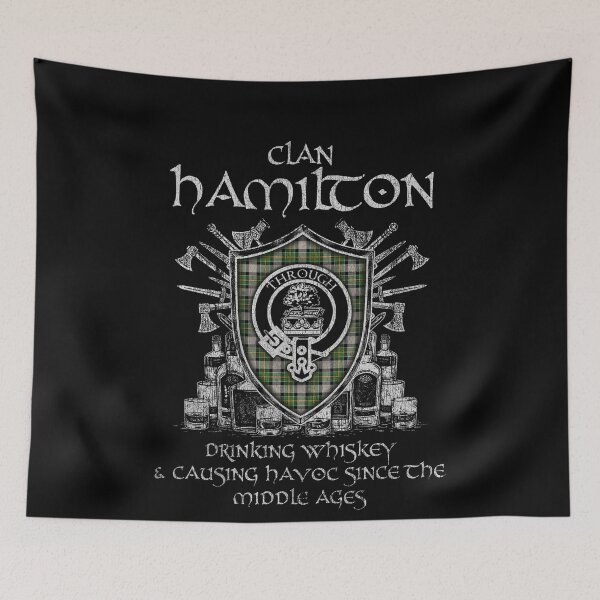 Item preview, Clan Hamilton of Brandon drinking whiskey and causing havoc heritage crest tartan plaid designed and sold by Clan1093.