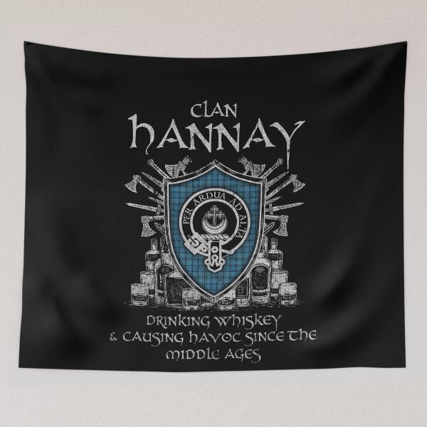 Item preview, Clan Hannay Blue drinking whiskey and causing havoc heritage crest tartan plaid designed and sold by Clan1093.