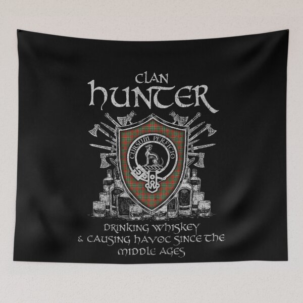 Item preview, Clan Hunter USA drinking whiskey and causing havoc heritage crest tartan plaid designed and sold by Clan1093.