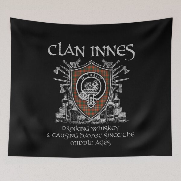 Item preview, Clan Innes drinking whiskey and causing havoc heritage crest tartan plaid designed and sold by Clan1093.