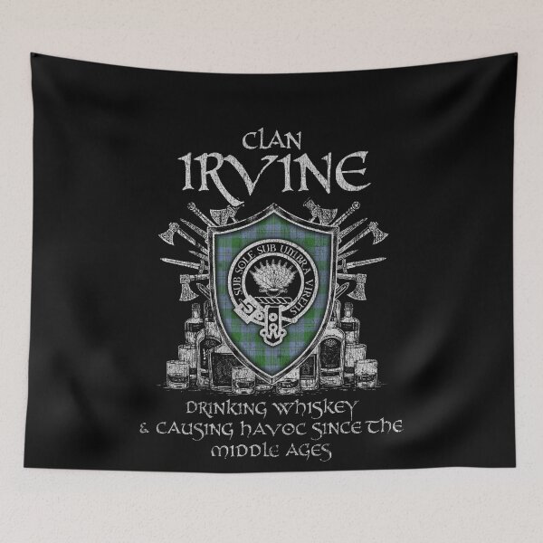 Item preview, Clan Irvine of Bonshaw drinking whiskey and causing havoc heritage crest tartan plaid designed and sold by Clan1093.