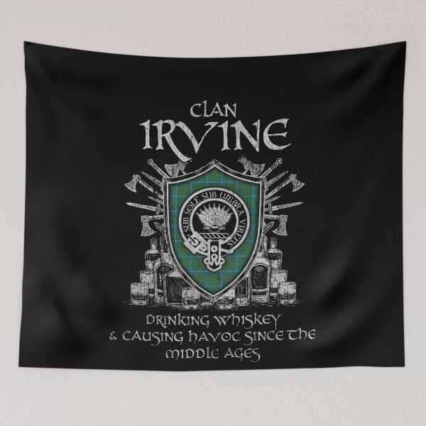Item preview, Clan Irvine of Bonshaw Tower drinking whiskey and causing havoc heritage crest tartan plaid designed and sold by Clan1093.
