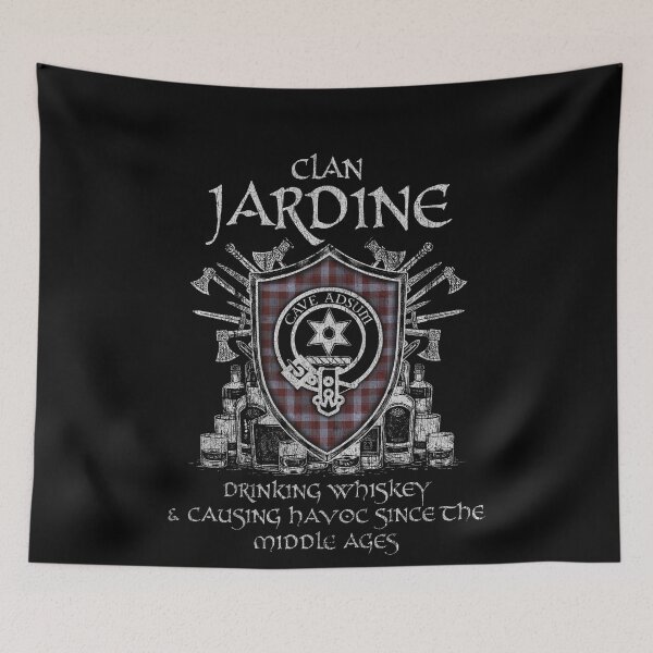 Item preview, Clan Jardine of Castlemilk drinking whiskey and causing havoc heritage crest tartan plaid designed and sold by Clan1093.