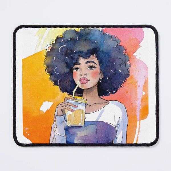 Aperçu de l'œuvre Illustration d'une femme afro avec du soda ou du thé glacé et de grands cheveux bleus créée et vendue par Stylize.