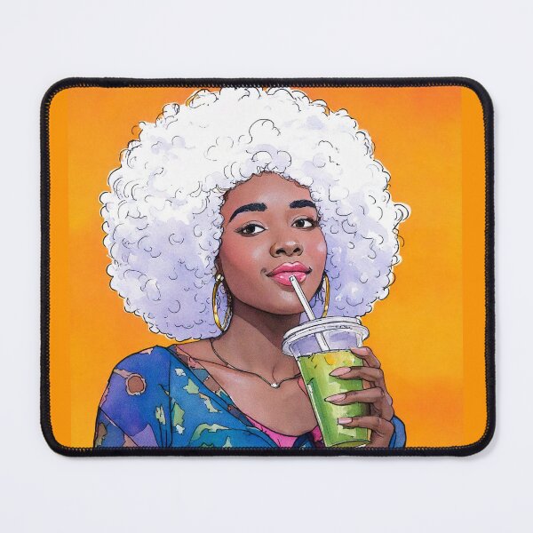 Item preview, Illustration of Afro Woman With an Ice Tea Drink and Large White Hair designed and sold by Stylize.