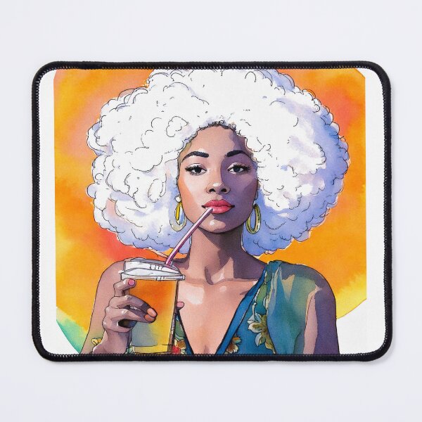 Item preview, Ilustración de una mujer afro con una bebida de té helado y un gran cabello blanco designed and sold by Stylize.