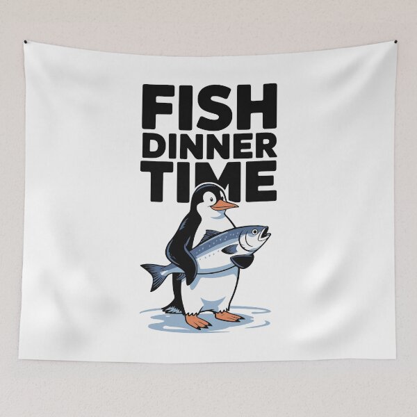 Item preview, Fish Dinner Time Penguin Meme Parody Tariff Protest Art designed and sold by Designer-Girl.