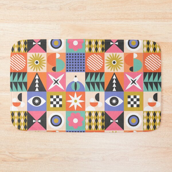 Item preview, Geometric abstract shapes mcm modern cool funky checkers pattern in pink chartreuse orange black white teal periwinkle colors designed and sold by artgeige.