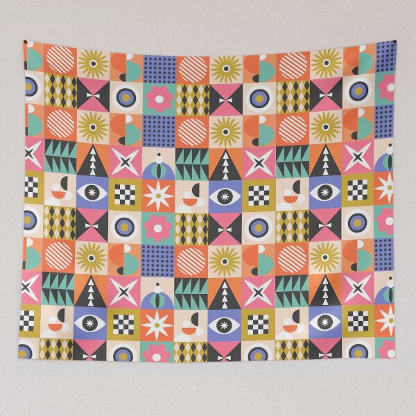 Item preview, Geometric abstract shapes mcm modern cool funky checkers pattern in pink chartreuse orange black white teal periwinkle colors designed and sold by artgeige.