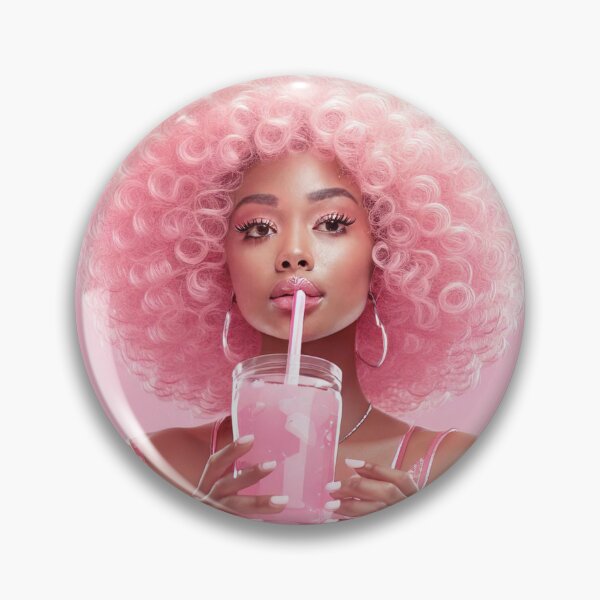 Item preview, Illustration of Afro Woman With Glass with Pink Soda and Large Pink Hair designed and sold by Stylize.