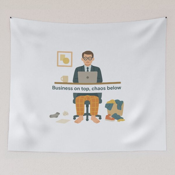 Item preview, Business on Top, Chaos Below – WFH Reality Illustration designed and sold by Bratak.
