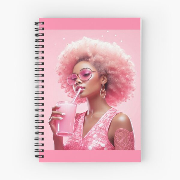 Artikelvorschau, Illustration einer Afro-Frau mit Glas mit rosa Limonade und großen rosa Haaren entworfen und verkauft von Stylize.