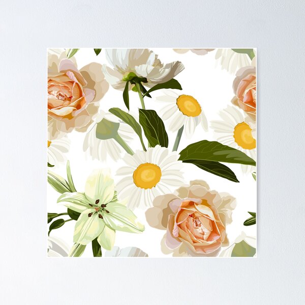 Item preview, Elegant floral pattern with hand draw daisy camomile, roses, lily flowers and leaves. designed and sold by MatyKotiv.