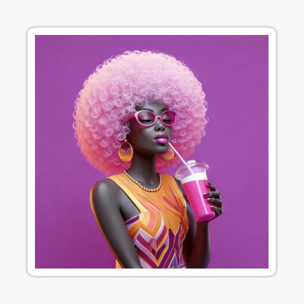 Item preview, Arte digital de una mujer afro con vaso de refresco rosa y gran cabello rosa designed and sold by Stylize.