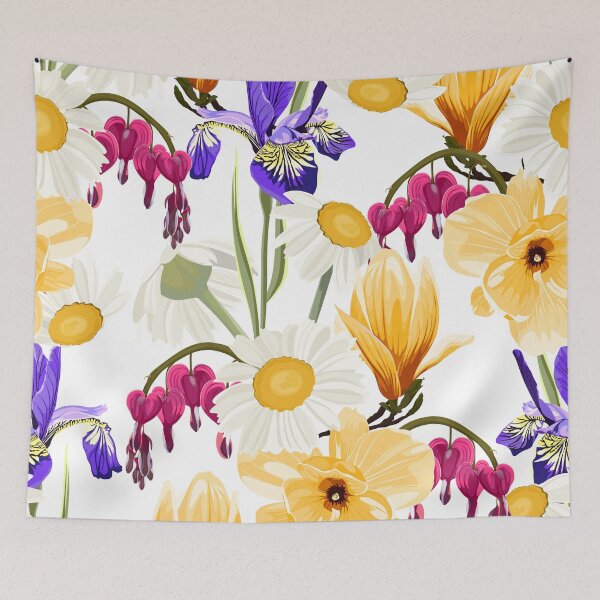 Item preview, Floral pattern with hand draw daisy camomile, magnolia, iris flowers and leaves. designed and sold by MatyKotiv.
