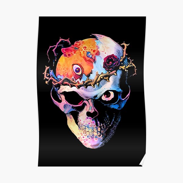 cubierto con rasgos faciales humanos dispuestos en su superficie con un estilo neón Póster