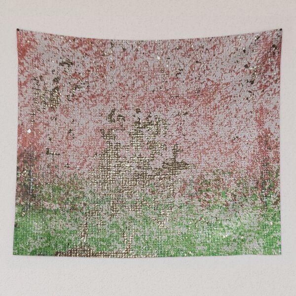 Aperçu de l'œuvre Œuvre d'art peinte de champs rouges, verts et dorés créée et vendue par Artfullycuratedcreations.
