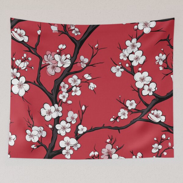 Item preview, White Red Oriental Cherry Blossoms on Turquoise and Chinese Wedding Double Happiness | Japanese Sakura designed and sold by GrinGalore.