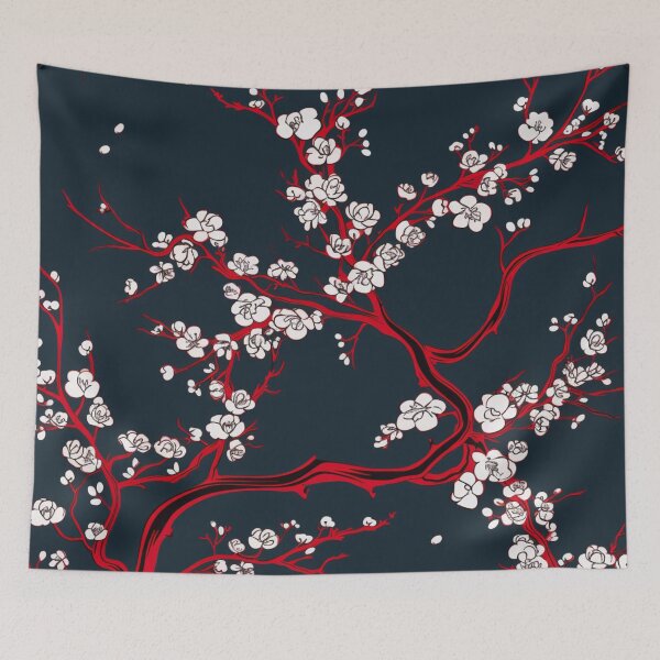 Item preview, Red White Dark Oriental Cherry Blossoms on Turquoise and Chinese Wedding Double Happiness | Japanese Sakura designed and sold by GrinGalore.