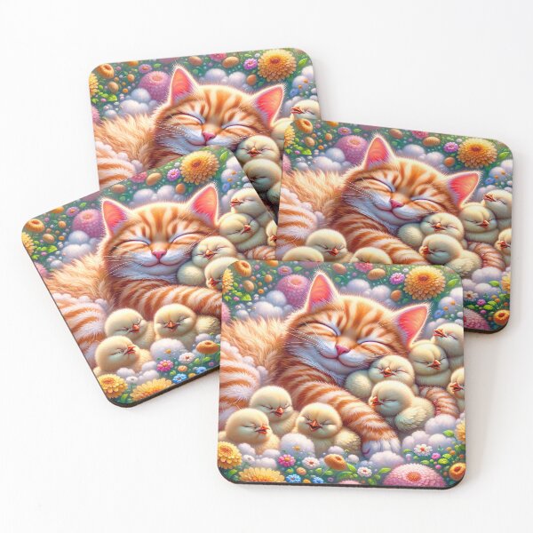 Item preview, Sleeping Cat and Chicks Among Flowers designed and sold by m-y-A-I-A-R-T-.