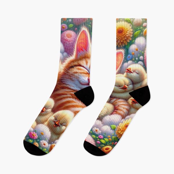 Item preview, Sleeping Cat and Chicks Among Flowers designed and sold by M-Y-A-R-T-.