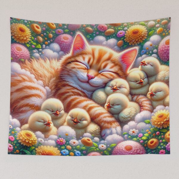 Item preview, Sleeping Cat and Chicks Among Flowers designed and sold by M-Y-A-R-T-.