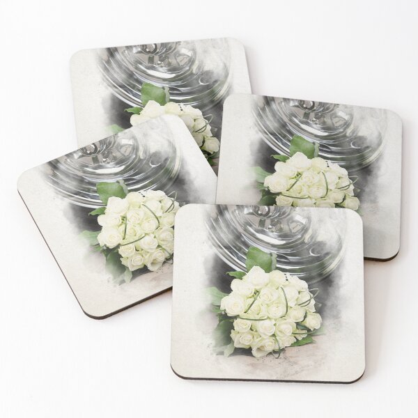 Item preview, Elegant White Rose Bouquet Beside Polished Chrome Wheel Rim on Stone Pavement in watercolor designed and sold by FotoMahieu.