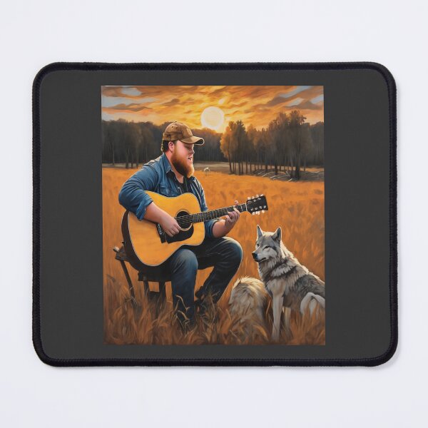 Item preview, "Golden Sunset Serenade: Luke Combs with Acoustic Guitar and Wolves" designed and sold by Artisticanvas.