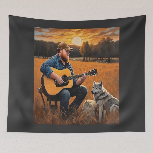 Item preview, "Golden Sunset Serenade: Luke Combs with Acoustic Guitar and Wolves" designed and sold by Artisticanvas.