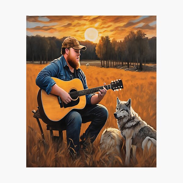 Item preview, "Golden Sunset Serenade: Luke Combs with Acoustic Guitar and Wolves" designed and sold by Artisticanvas.