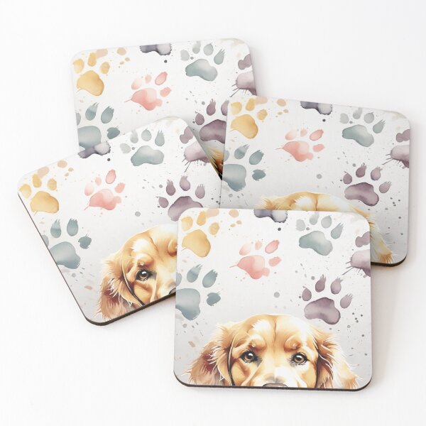 Item preview, Golden Retriever with paw prints, watercolor art designed and sold by SolaoLab.