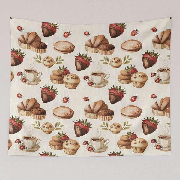 Item preview, Vintage Watercolor Pattern with Coffee, Pastries, Chocolate Strawberries & Cute Ladybugs designed and sold by Verycutethings.