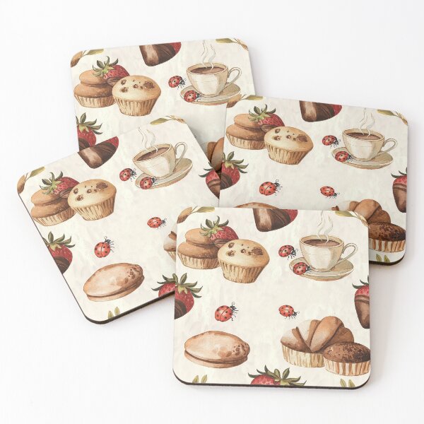 Item preview, Vintage Watercolor Pattern with Coffee, Pastries, Chocolate Strawberries & Cute Ladybugs designed and sold by Verycutethings.