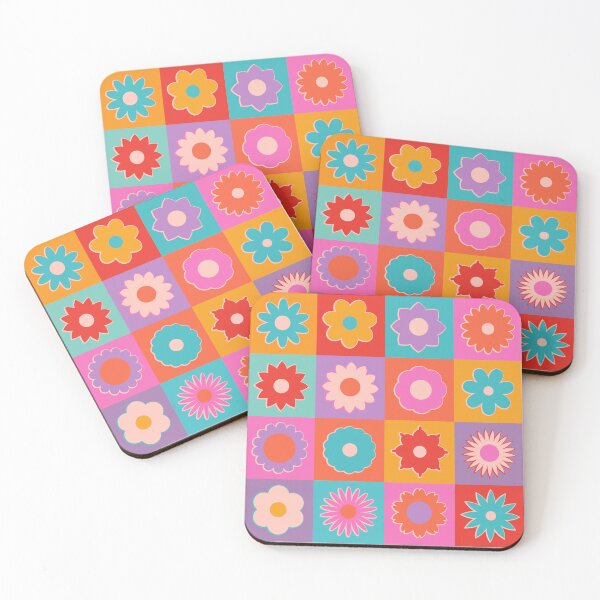 Item preview, Spring Summer colorful checkers with cheerful vibrant bright retro blooms, mid century modern  flowers in gorgeous happy colors pink yellow aqua orange designed and sold by artgeige.