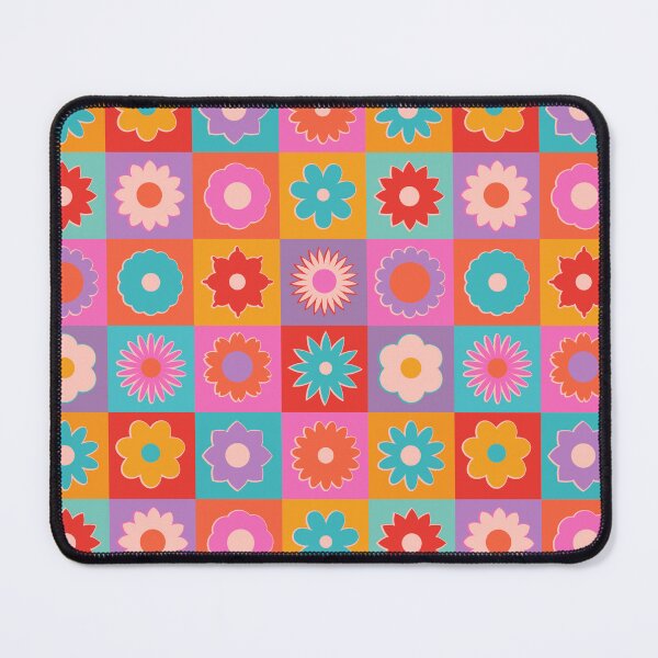 Item preview, Spring Summer colorful checkers with cheerful vibrant bright retro blooms, mid century modern flowers in gorgeous happy colors pink yellow aqua orange designed and sold by artgeige.